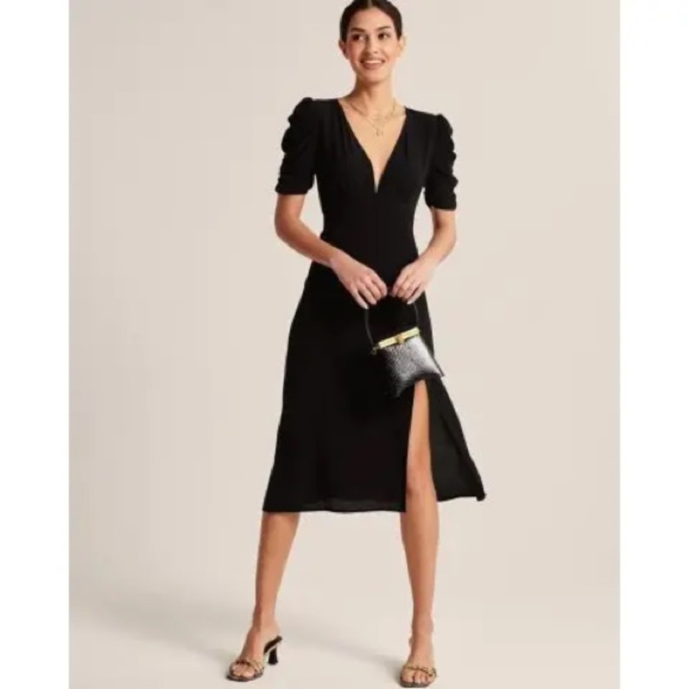 NWT Abercrombie Black midi dress with puff sleeves and open back